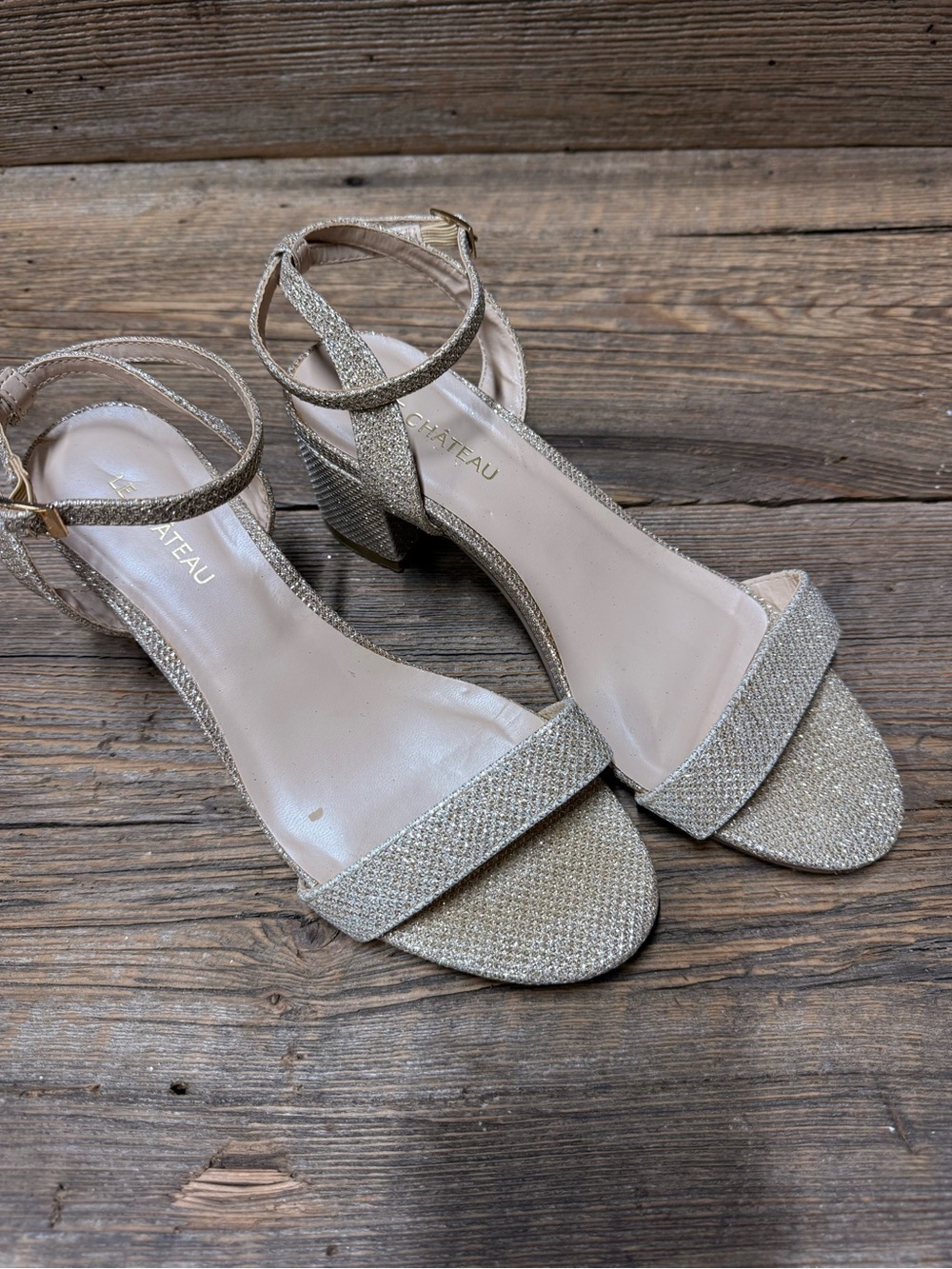 Chateau Sparkle Gold Ankle-Strap Block Heel Sandals